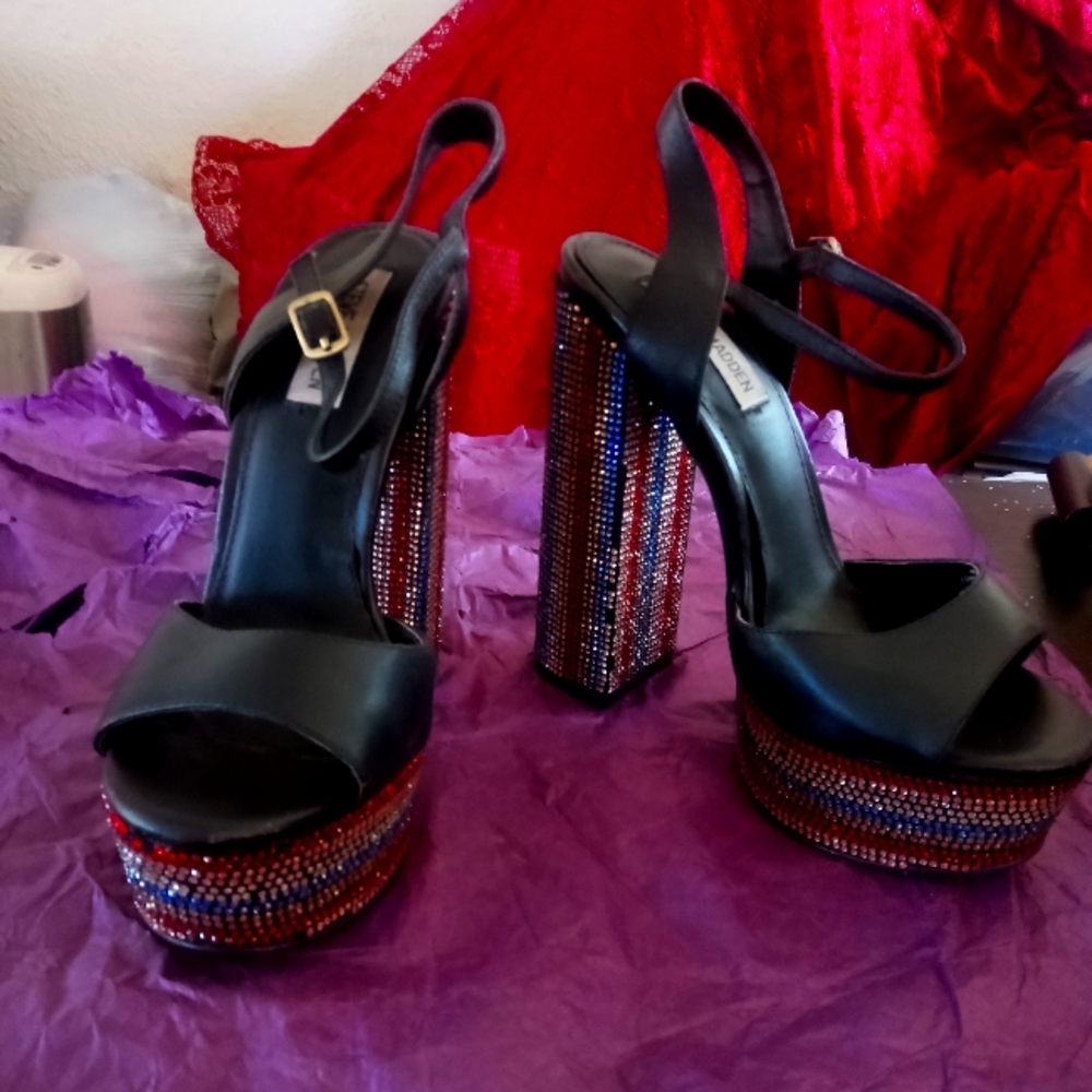 Red white and blue bedazzled platform heels.